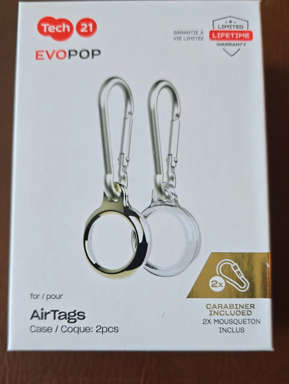 tech21 EVOPOP AirTag Cases with Carabiners - Gold & Clear (2-Pack)